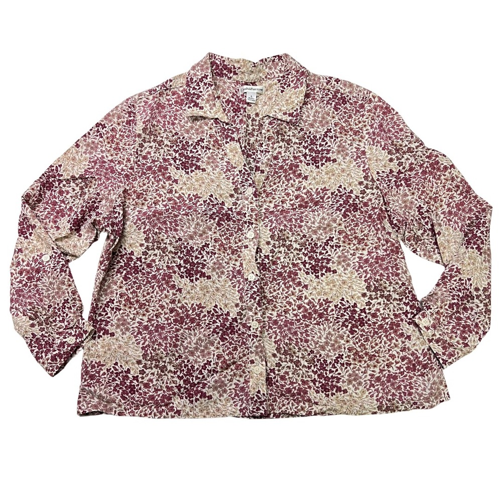 Croft & Barrow Floral Button Down Blouse Women's Large Burgundy Beige Top